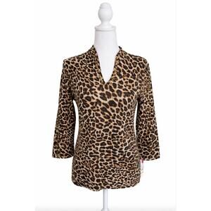 Ruby Rd Leopard Print Top Womens Small NWT Studded V Neck 3/4 Sleeve